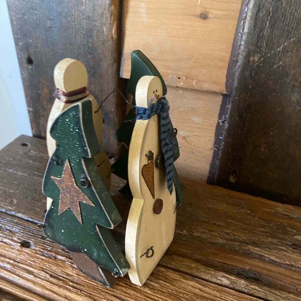 Vintage Wood & Cloth Christmas Tree/Snowman Candle Holder